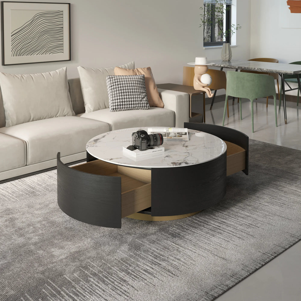 Aero Sintered Stone Coffee Table | 34" Monochrome Round With 2 Drawers