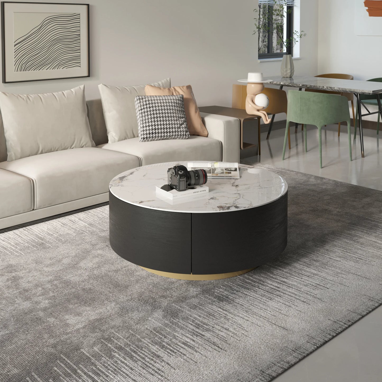 Aero Sintered Stone Coffee Table | 34" Monochrome Round With 2 Drawers