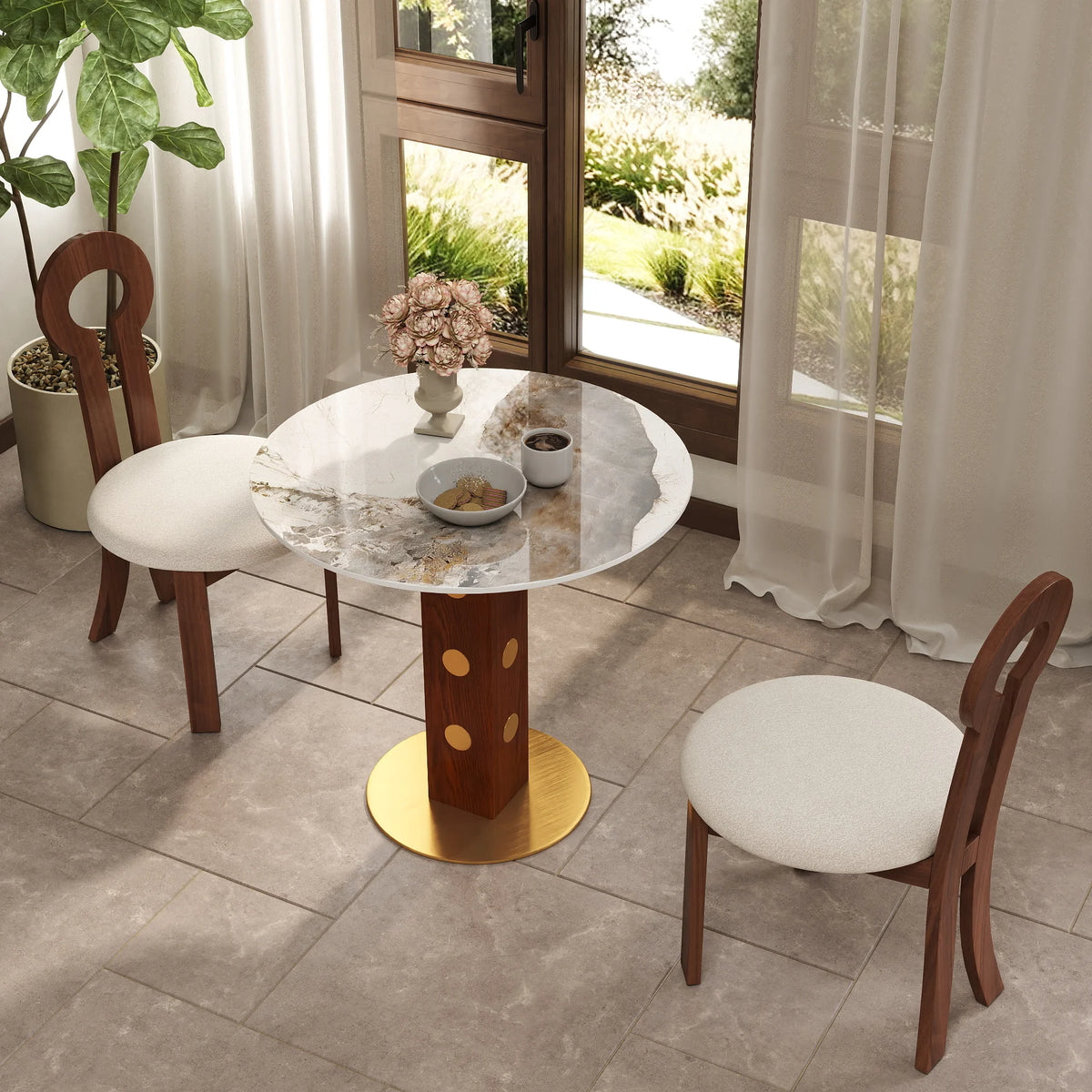 Mesa de bistró Nero de piedra sinterizada | Redonda Pandora de 86 cm con base de madera
