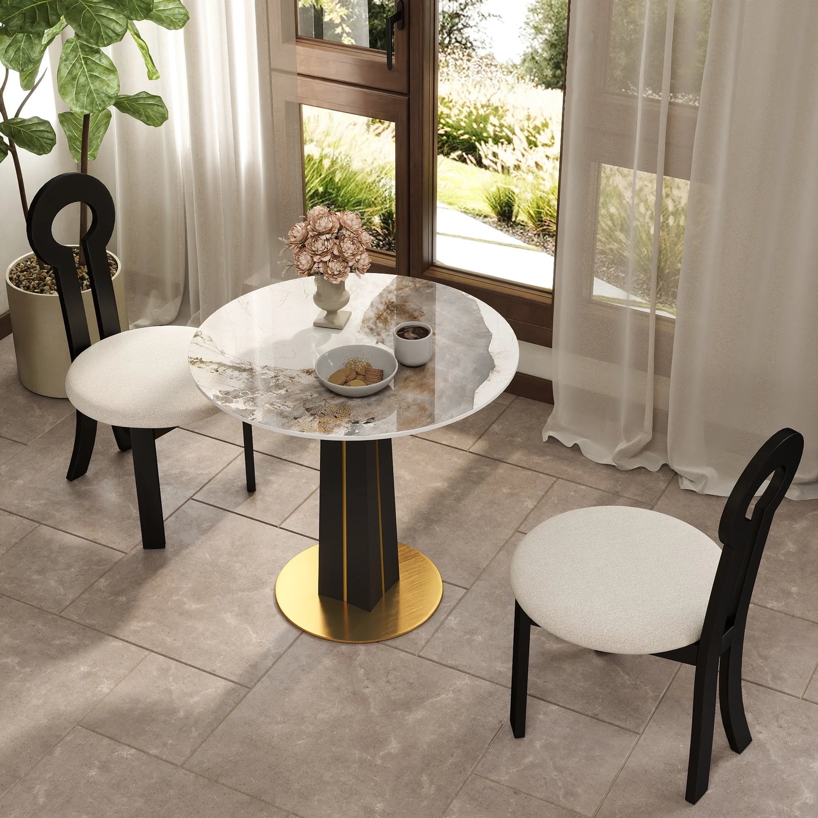 Mesa de bistró Nero de piedra sinterizada | Redonda Pandora de 86 cm con base de madera