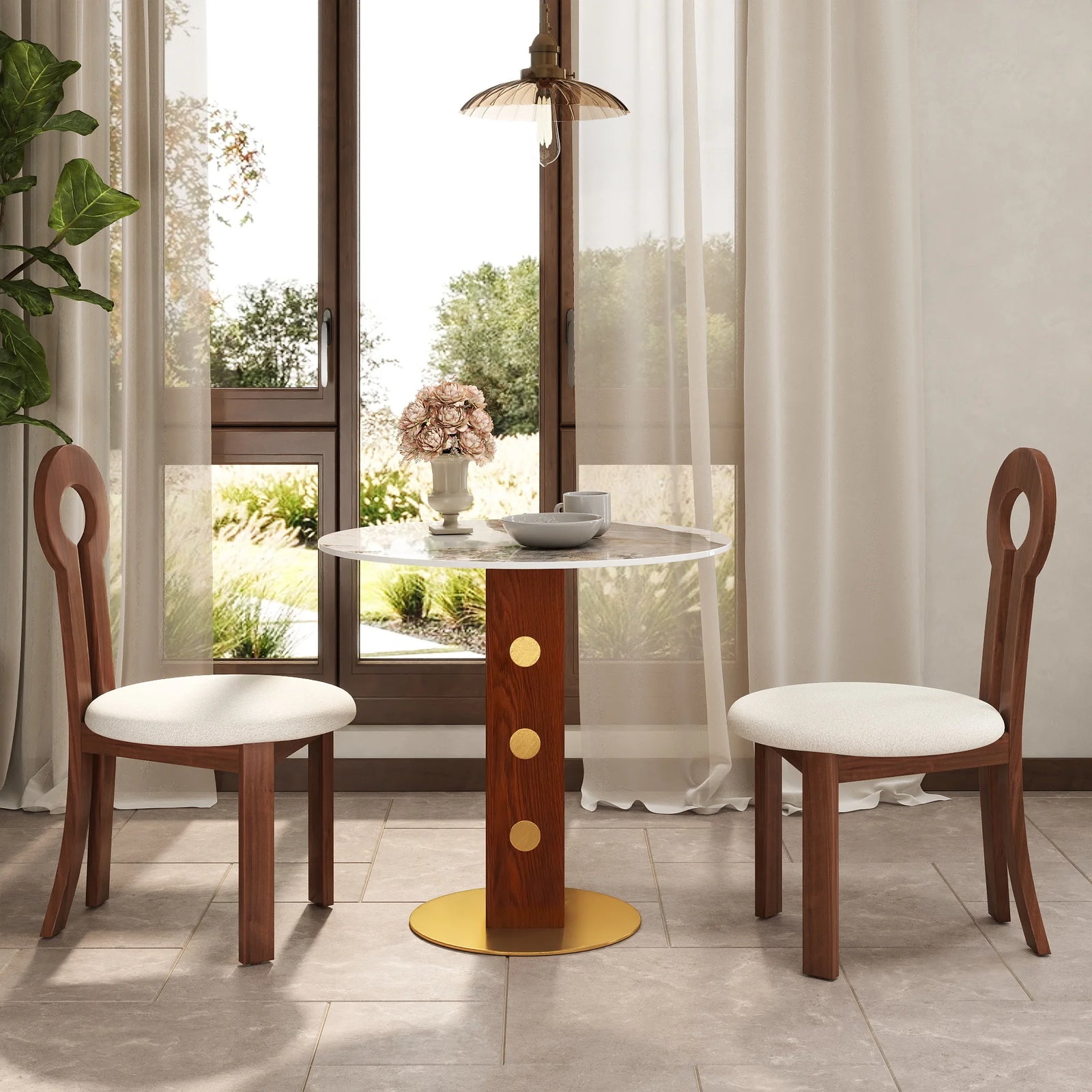 Mesa de bistró Nero de piedra sinterizada | Redonda Pandora de 86 cm con base de madera
