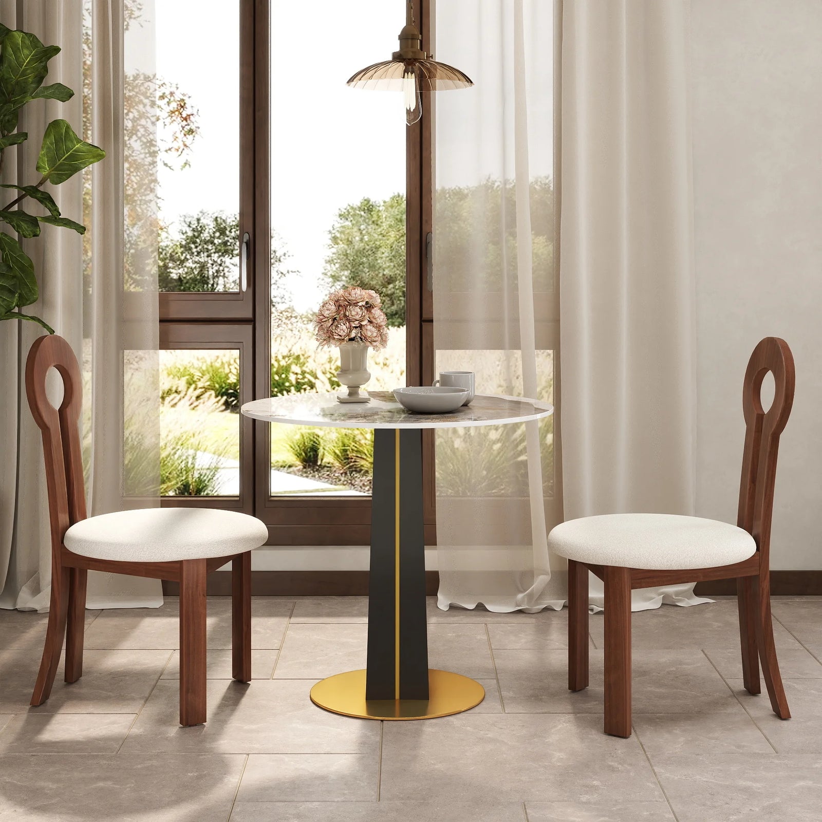 Mesa de bistró Nero de piedra sinterizada | Redonda Pandora de 86 cm con base de madera