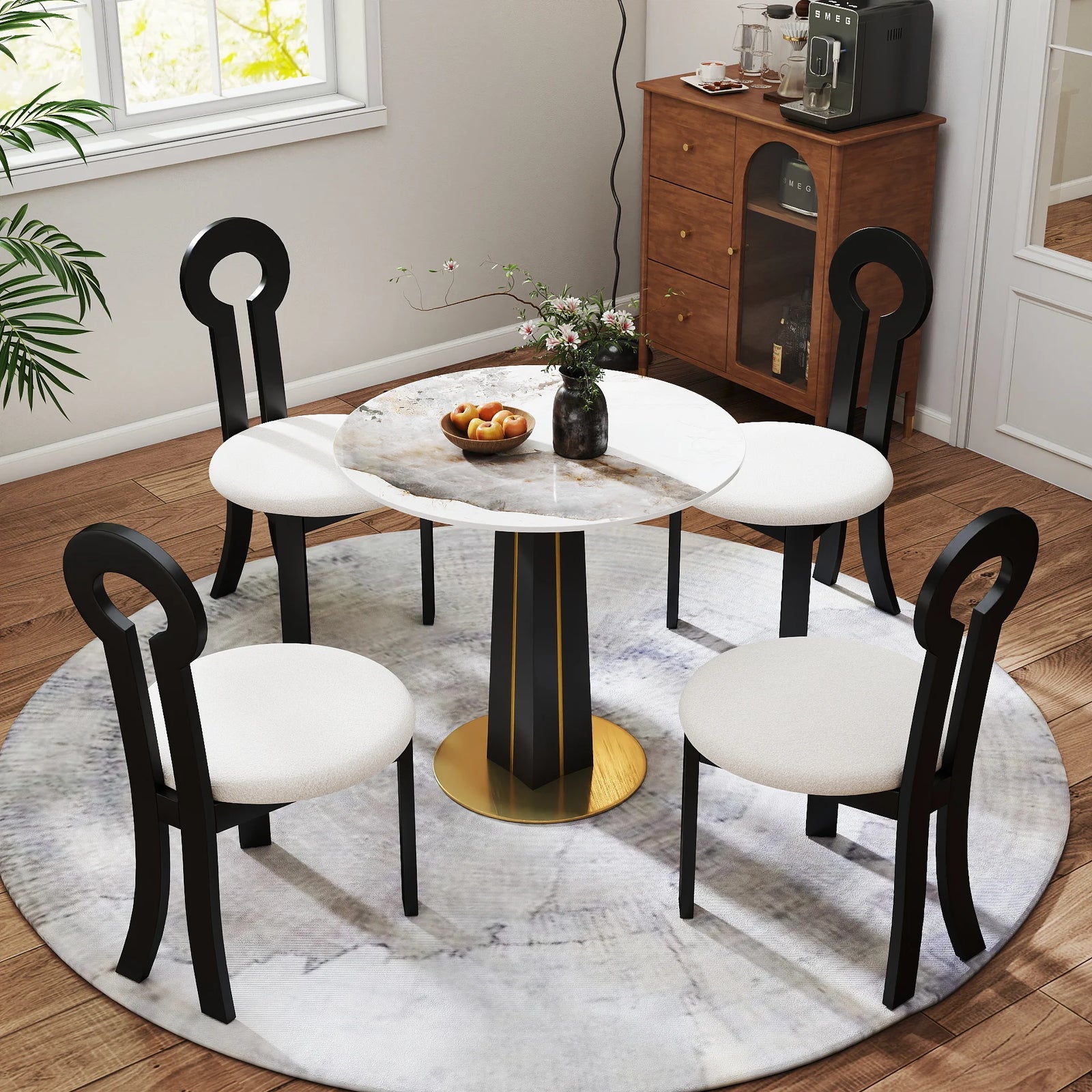 Mesa de bistró Nero de piedra sinterizada | Redonda Pandora de 86 cm con base de madera