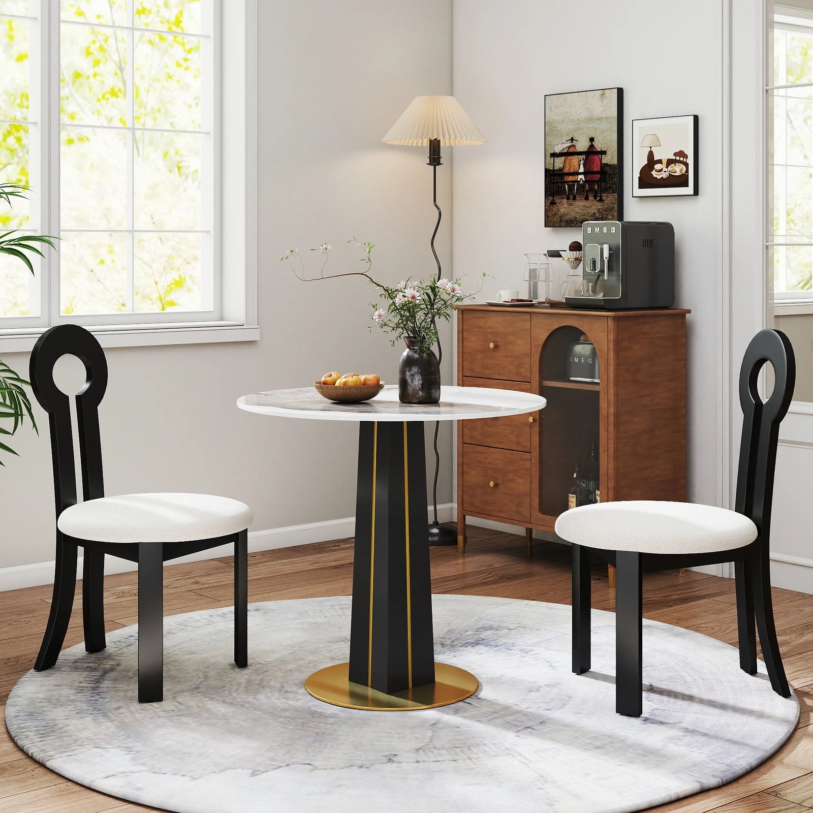 Mesa de bistró Nero de piedra sinterizada | Redonda Pandora de 86 cm con base de madera