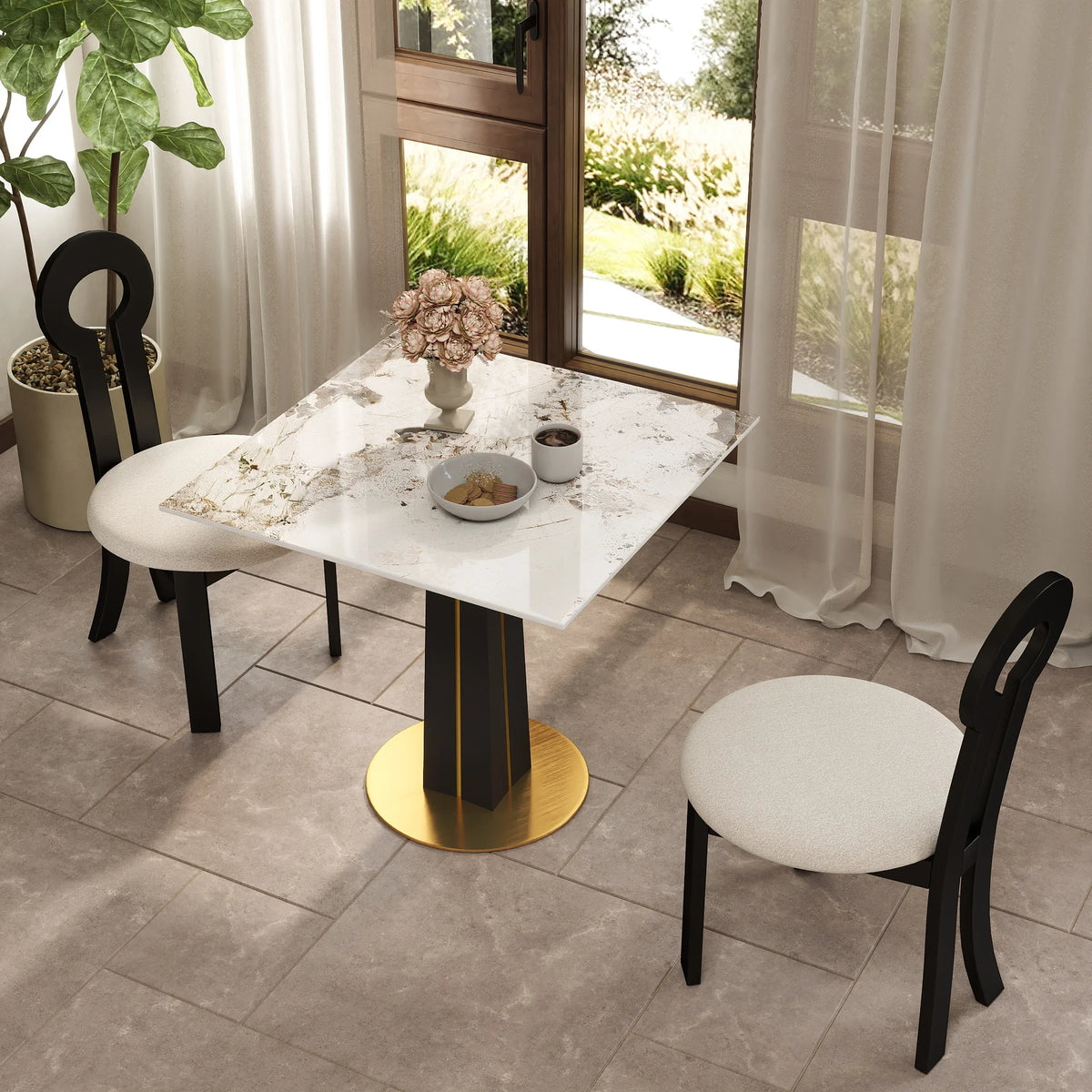 Mesa de bistró Nero de piedra sinterizada | Pandora cuadrada de 86 cm con base de madera
