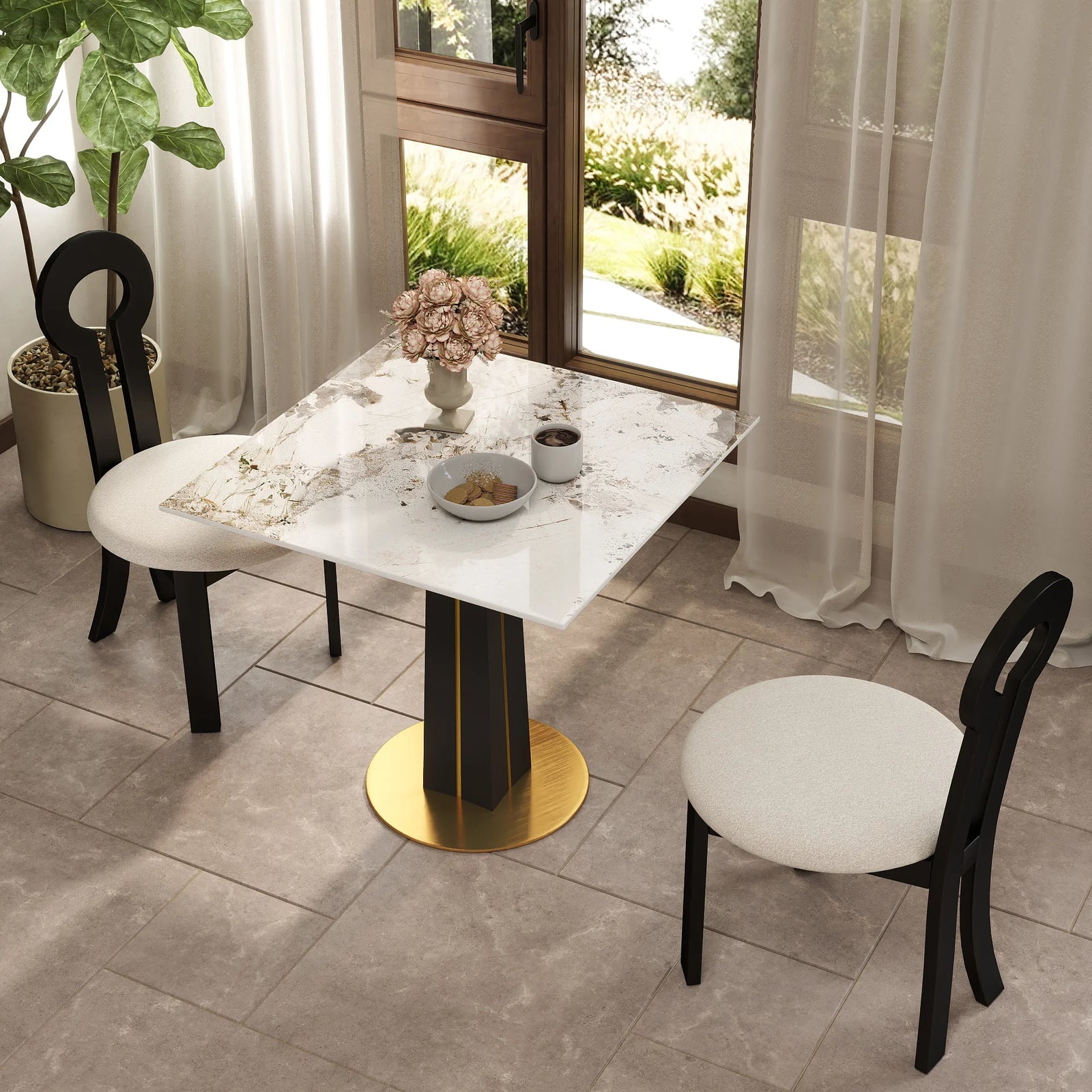 Mesa de bistró Nero de piedra sinterizada | Pandora cuadrada de 86 cm con base de madera