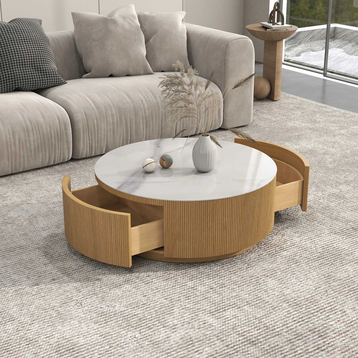 Aero Sintered Stone Coffee Table | 34" Walnut Round With 2 Drawers
