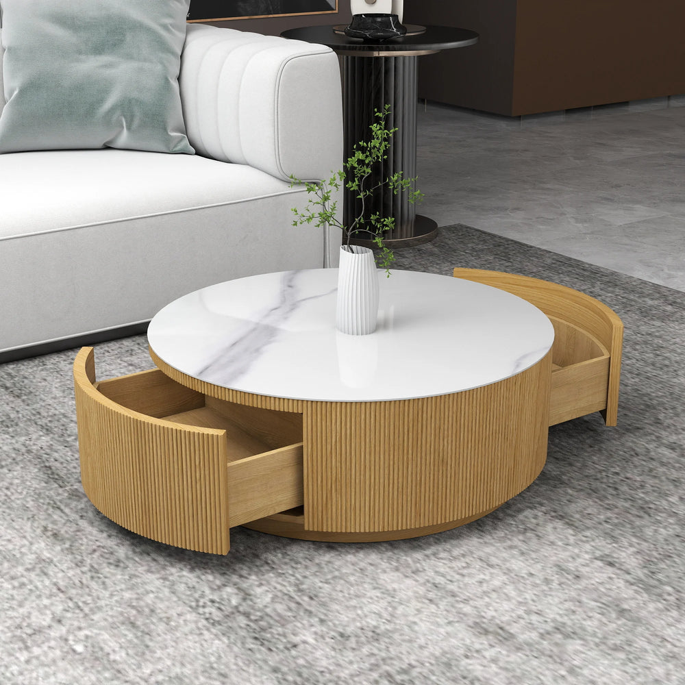 Aero Sintered Stone Coffee Table | 34" Walnut Round With 2 Drawers