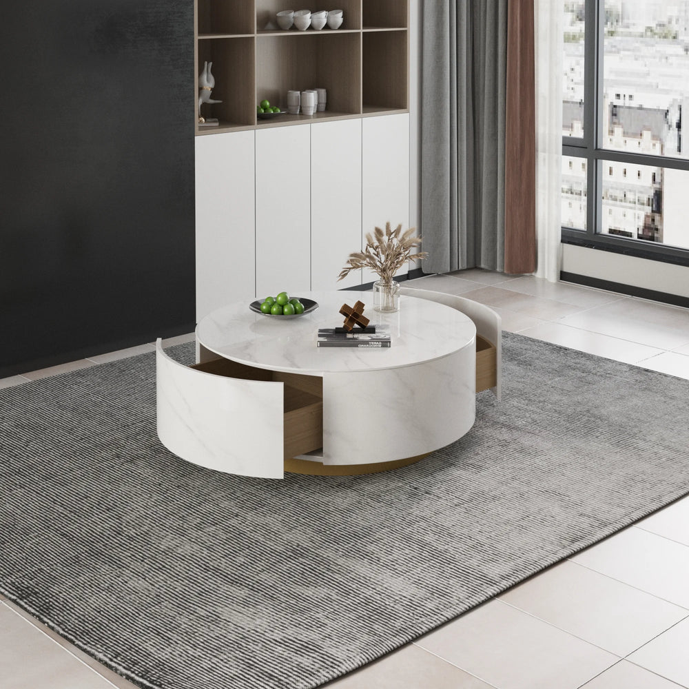 Aero Sintered Stone Coffee Table | 34" White Round With 2 Drawers
