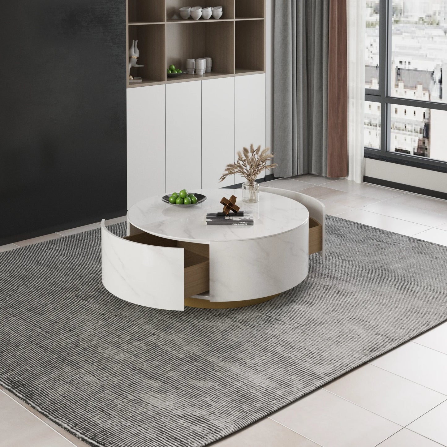 Aero Sintered Stone Coffee Table | 34" White Round With 2 Drawers