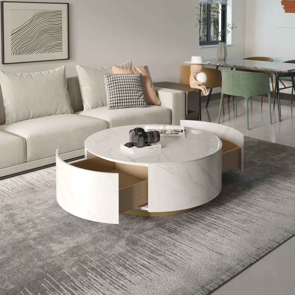 Aero Sintered Stone Coffee Table | 34" White Round With 2 Drawers