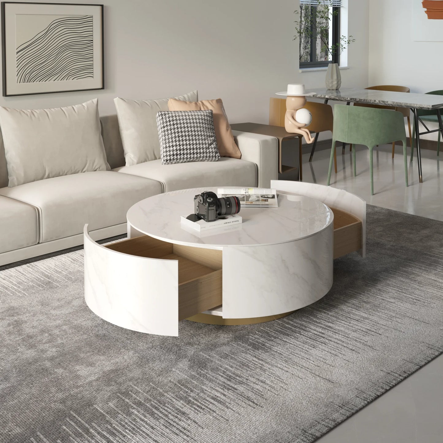 Aero Sintered Stone Coffee Table | 34" White Round With 2 Drawers