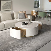 Aero Sintered Stone Coffee Table | 34" White Round With 2 Drawers