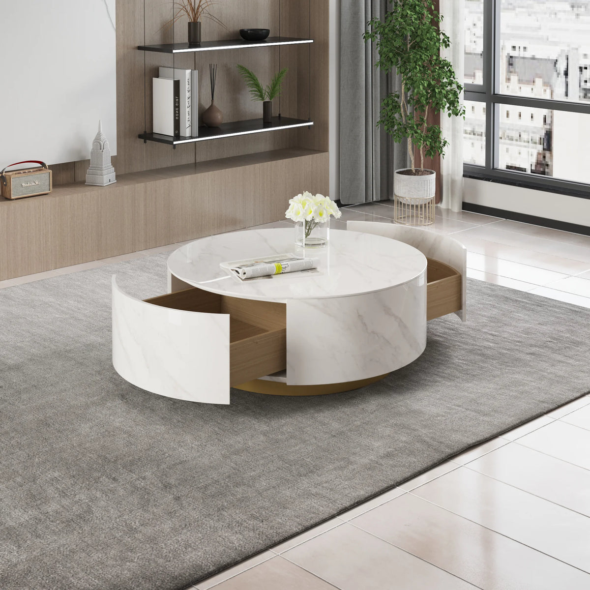 Aero Sintered Stone Coffee Table | 34" White Round With 2 Drawers