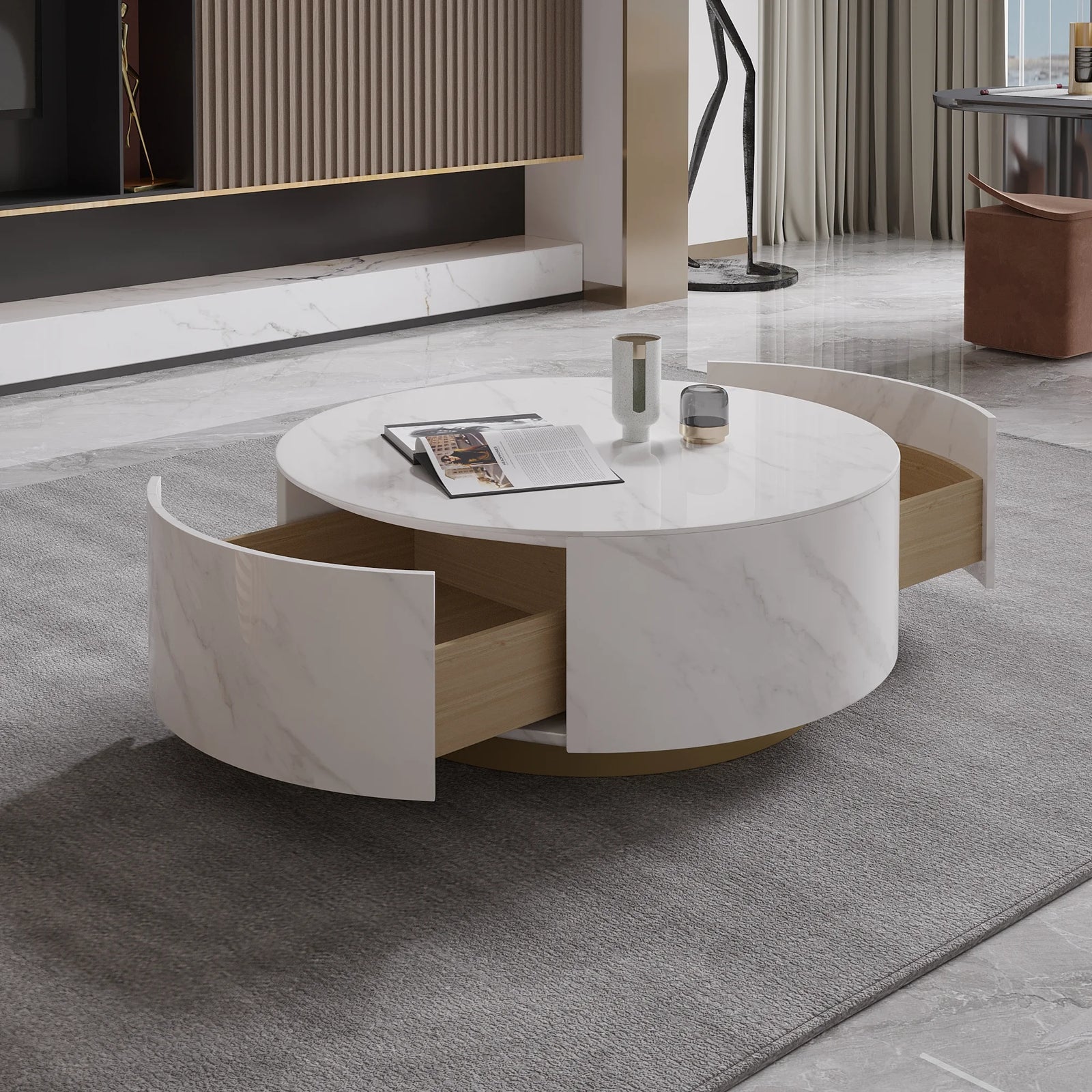 Aero Sintered Stone Coffee Table | 34" White Round With 2 Drawers
