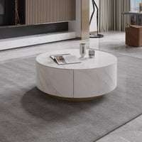 Aero Sintered Stone Coffee Table | 34" White Round With 2 Drawers