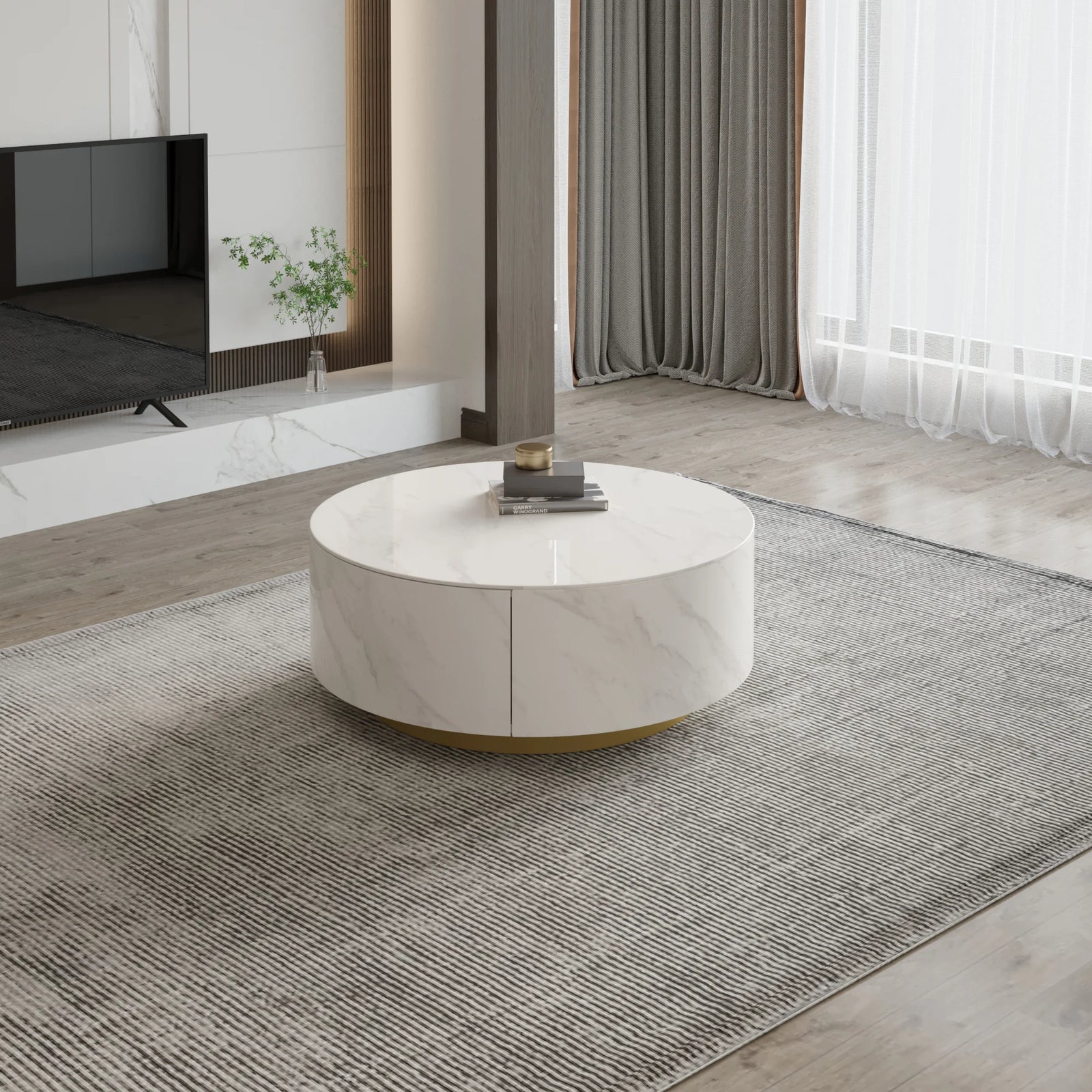 Aero Sintered Stone Coffee Table | 34" White Round With 2 Drawers