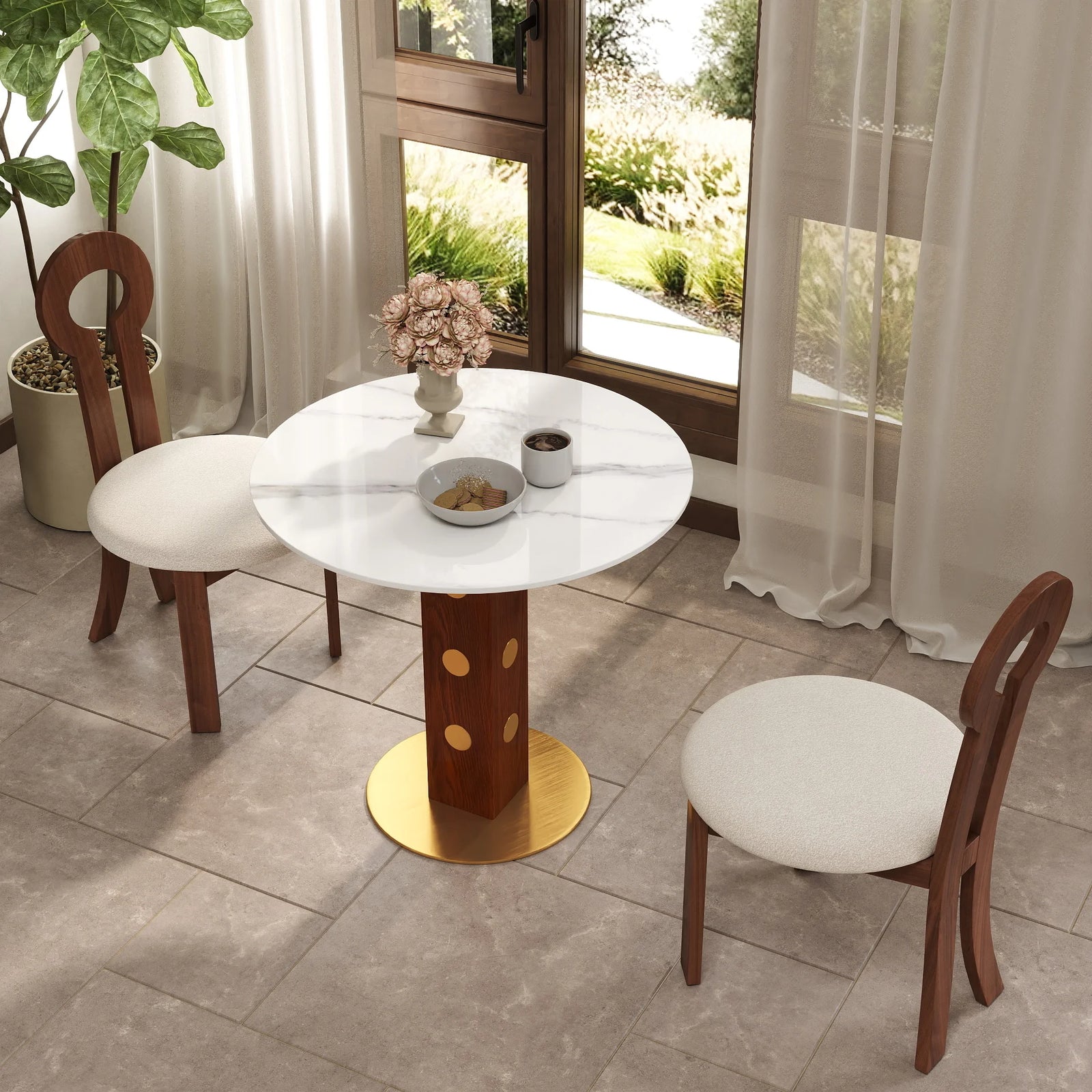 Mesa de bistró Nero de piedra sinterizada | Redonda blanca de 86 cm con base de madera
