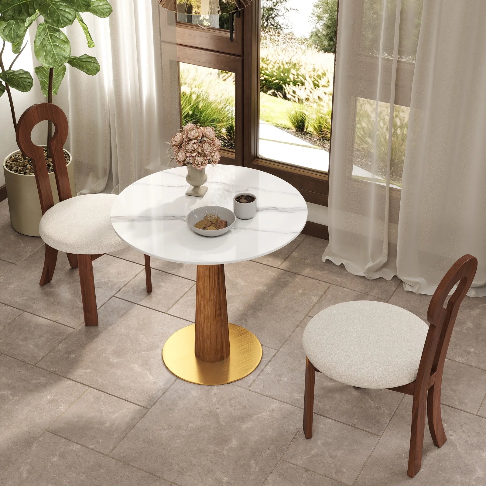 Mesa de bistró Nero de piedra sinterizada | Redonda blanca de 86 cm con base de madera