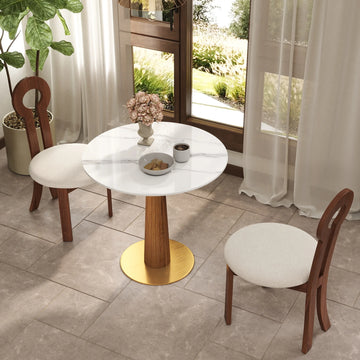 Mesa de bistró Nero de piedra sinterizada | Redonda blanca de 86 cm con base de madera
