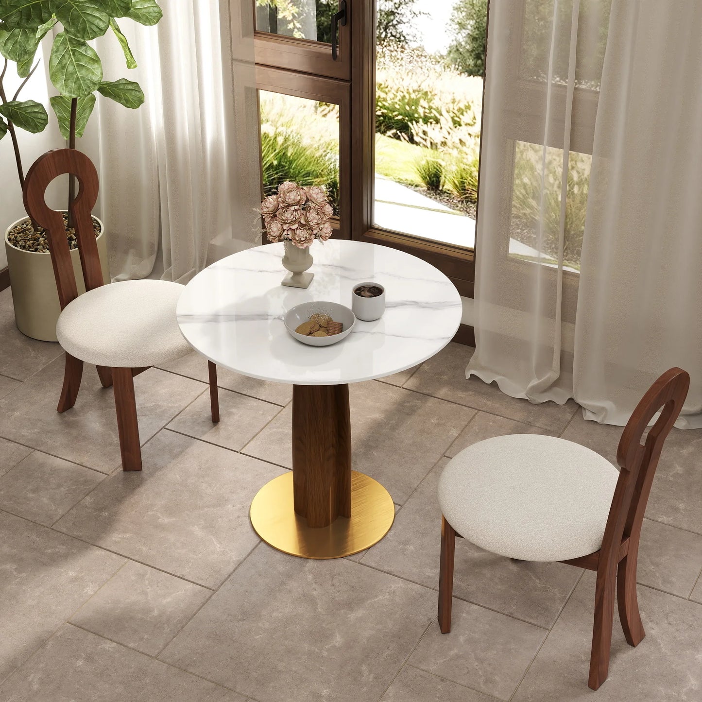 Nero Sintered Stone Bistro Table | 34" White Round With Wood Base