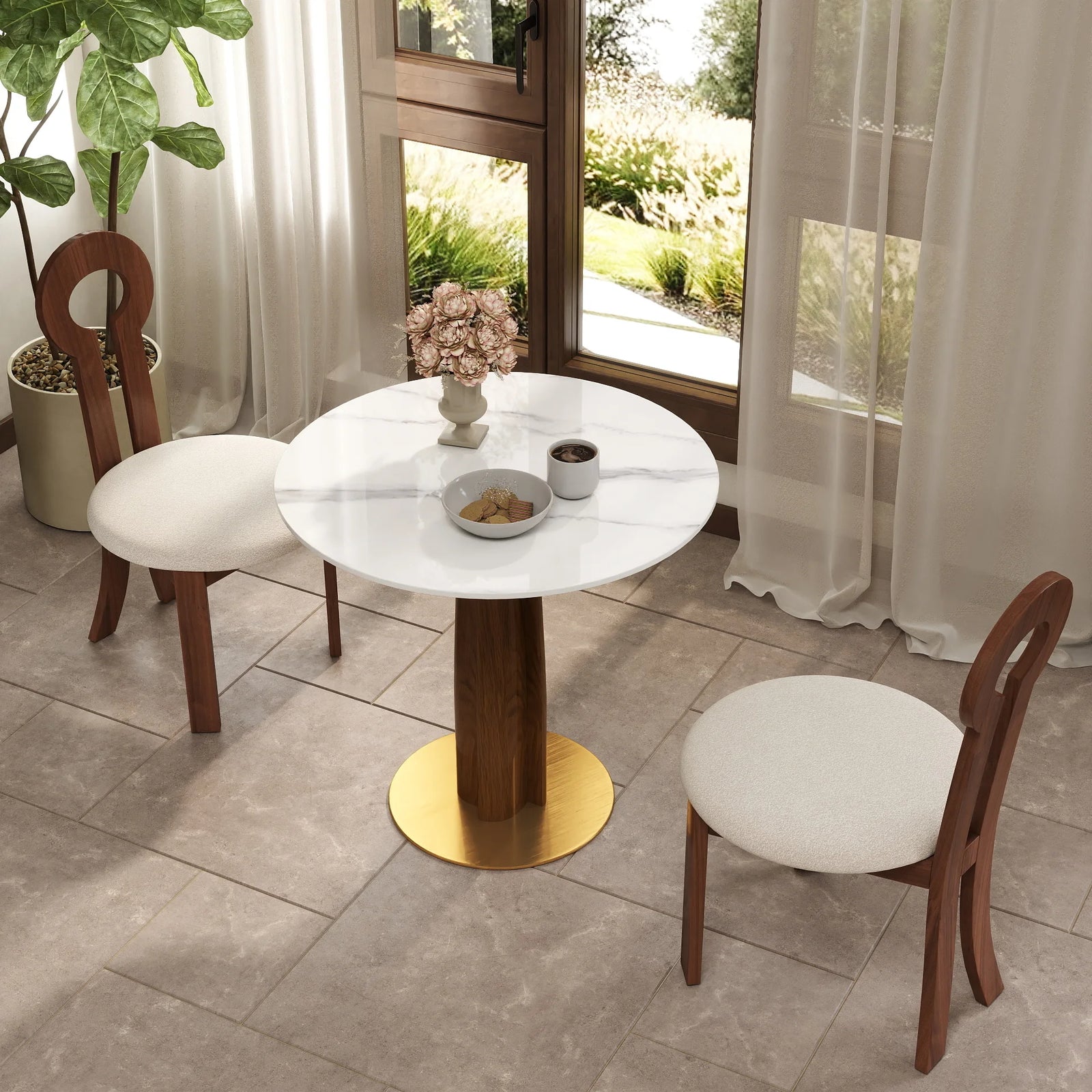 Mesa de bistró Nero de piedra sinterizada | Redonda blanca de 86 cm con base de madera