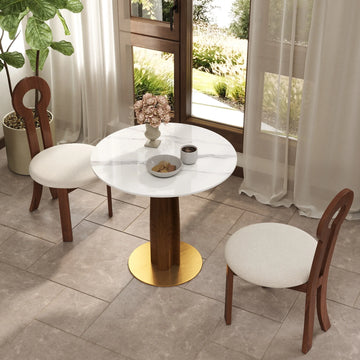 Mesa de bistró Nero de piedra sinterizada | Redonda blanca de 86 cm con base de madera
