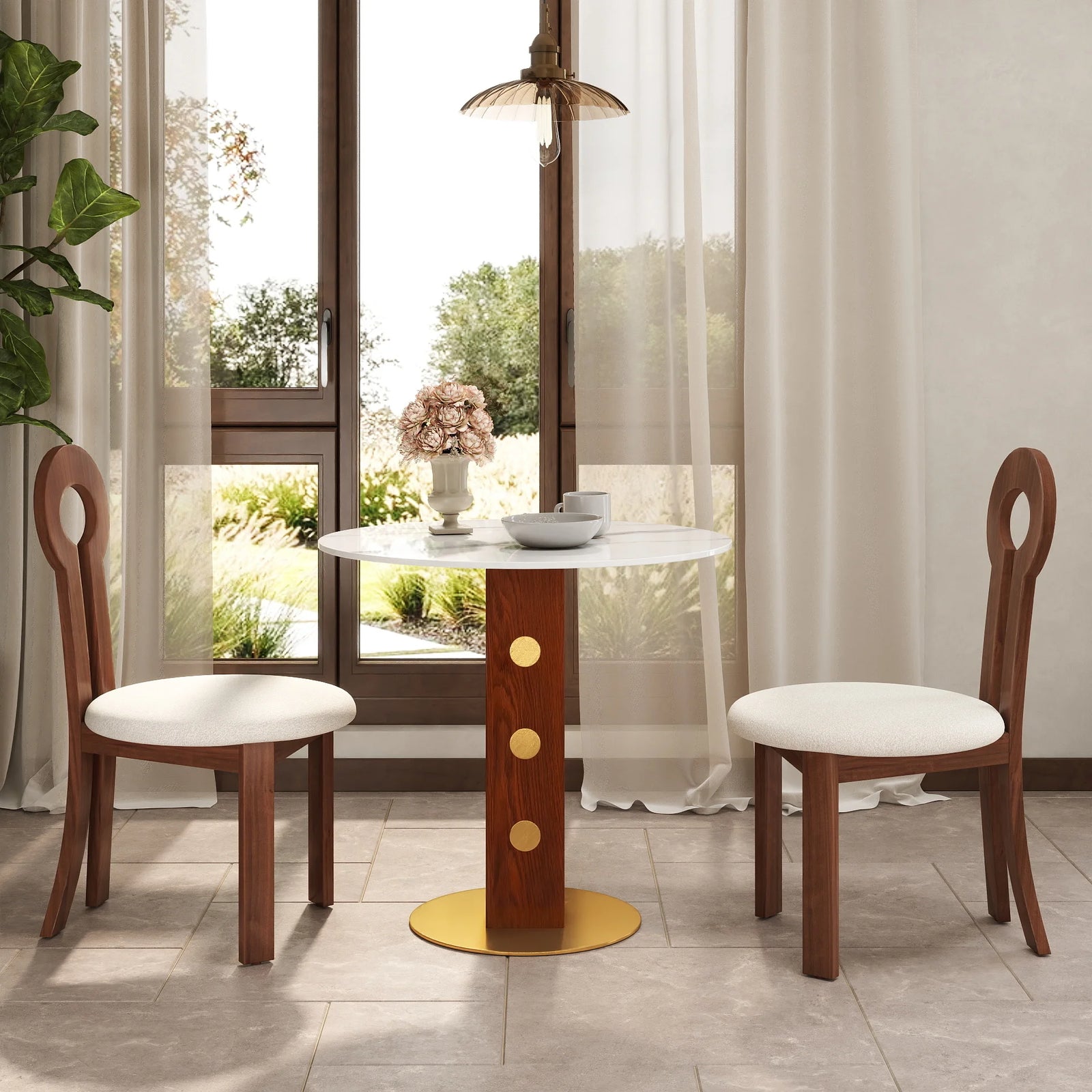 Mesa de bistró Nero de piedra sinterizada | Redonda blanca de 86 cm con base de madera