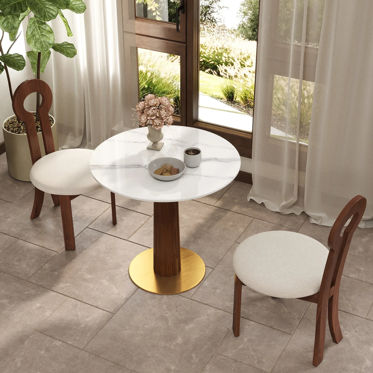 Mesa de bistró Nero de piedra sinterizada | Redonda blanca de 86 cm con base de madera