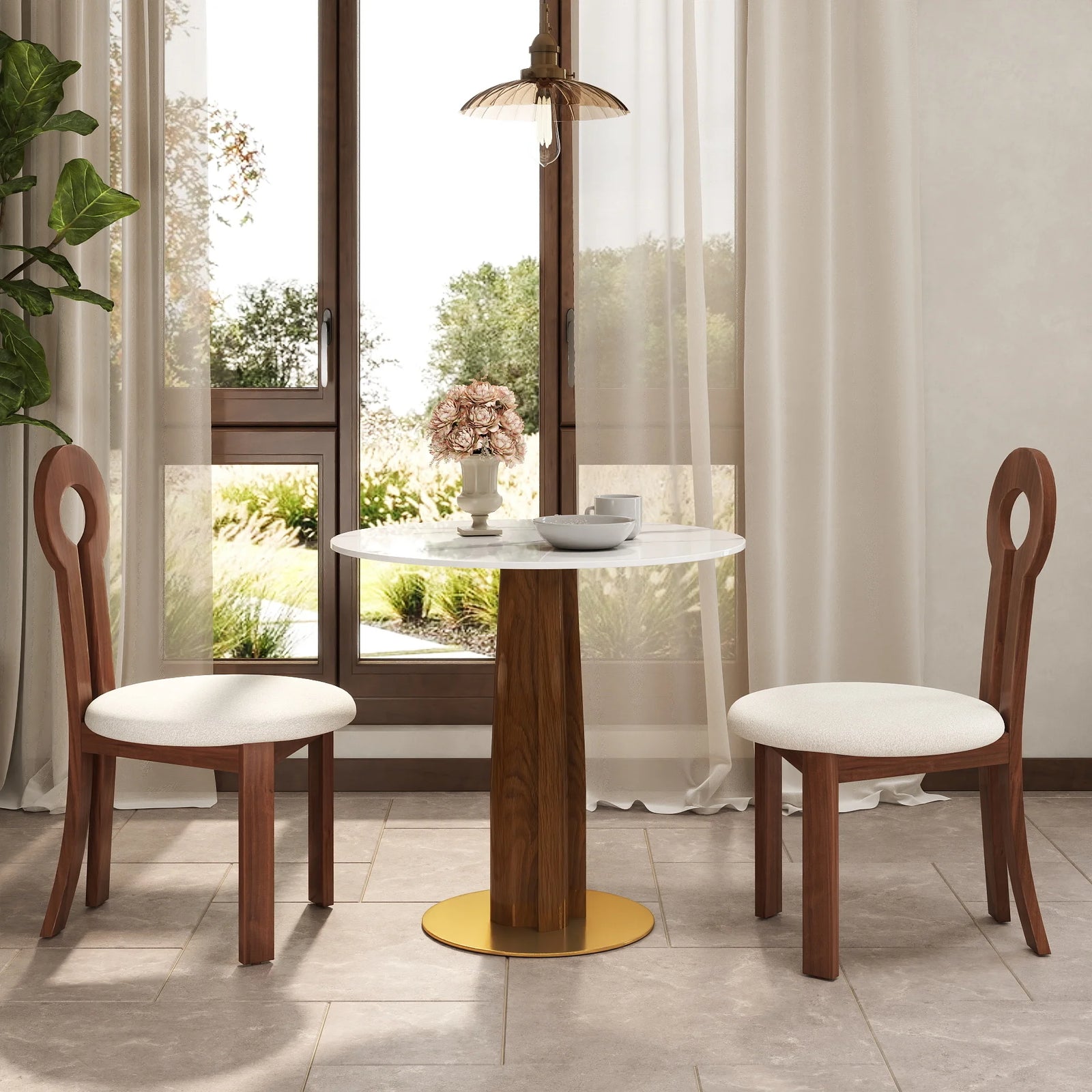 Mesa de bistró Nero de piedra sinterizada | Redonda blanca de 86 cm con base de madera