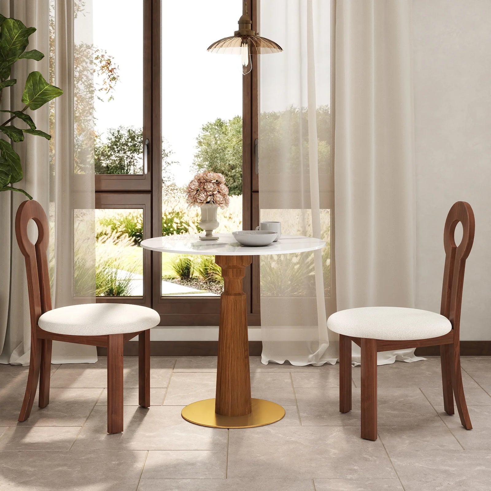 Mesa de bistró Nero de piedra sinterizada | Redonda blanca de 86 cm con base de madera