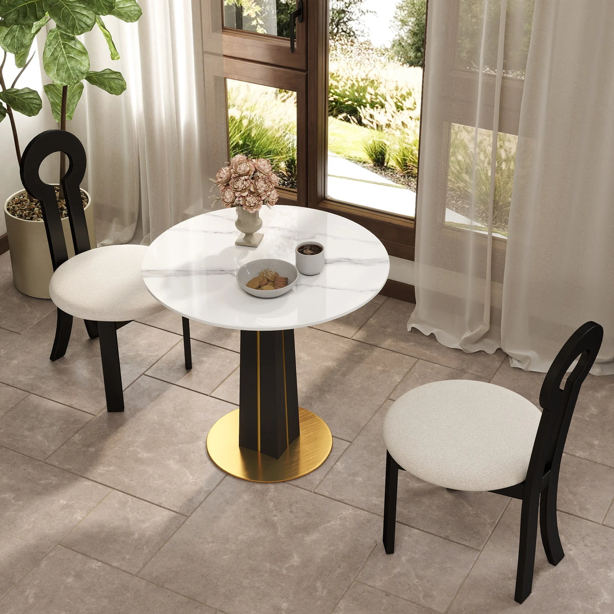 Mesa de bistró Nero de piedra sinterizada | Redonda blanca de 86 cm con base de madera