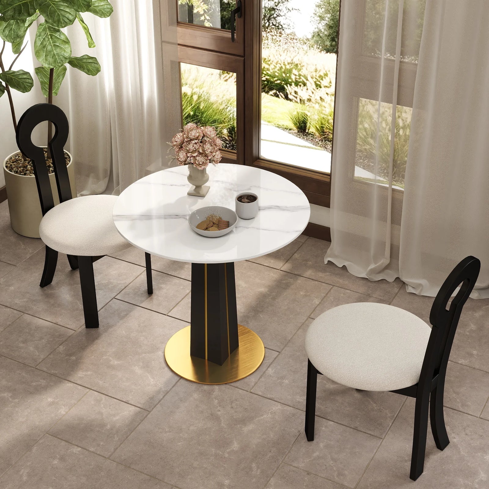 Mesa de bistró Nero de piedra sinterizada | Redonda blanca de 86 cm con base de madera