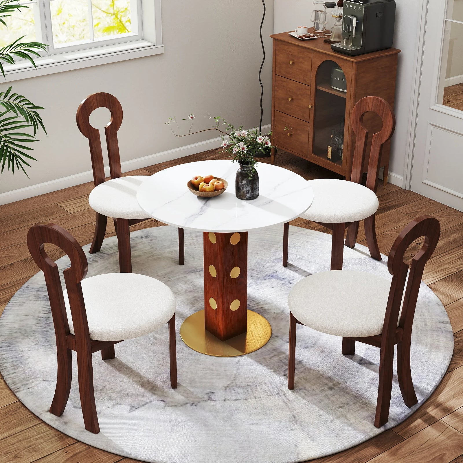 Mesa de bistró Nero de piedra sinterizada | Redonda blanca de 86 cm con base de madera