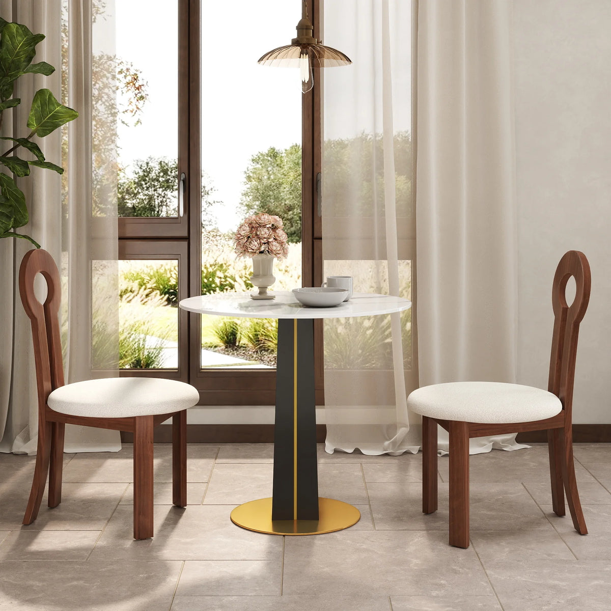 Mesa de bistró Nero de piedra sinterizada | Redonda blanca de 86 cm con base de madera