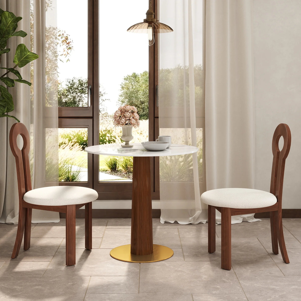 Mesa de bistró Nero de piedra sinterizada | Redonda blanca de 86 cm con base de madera
