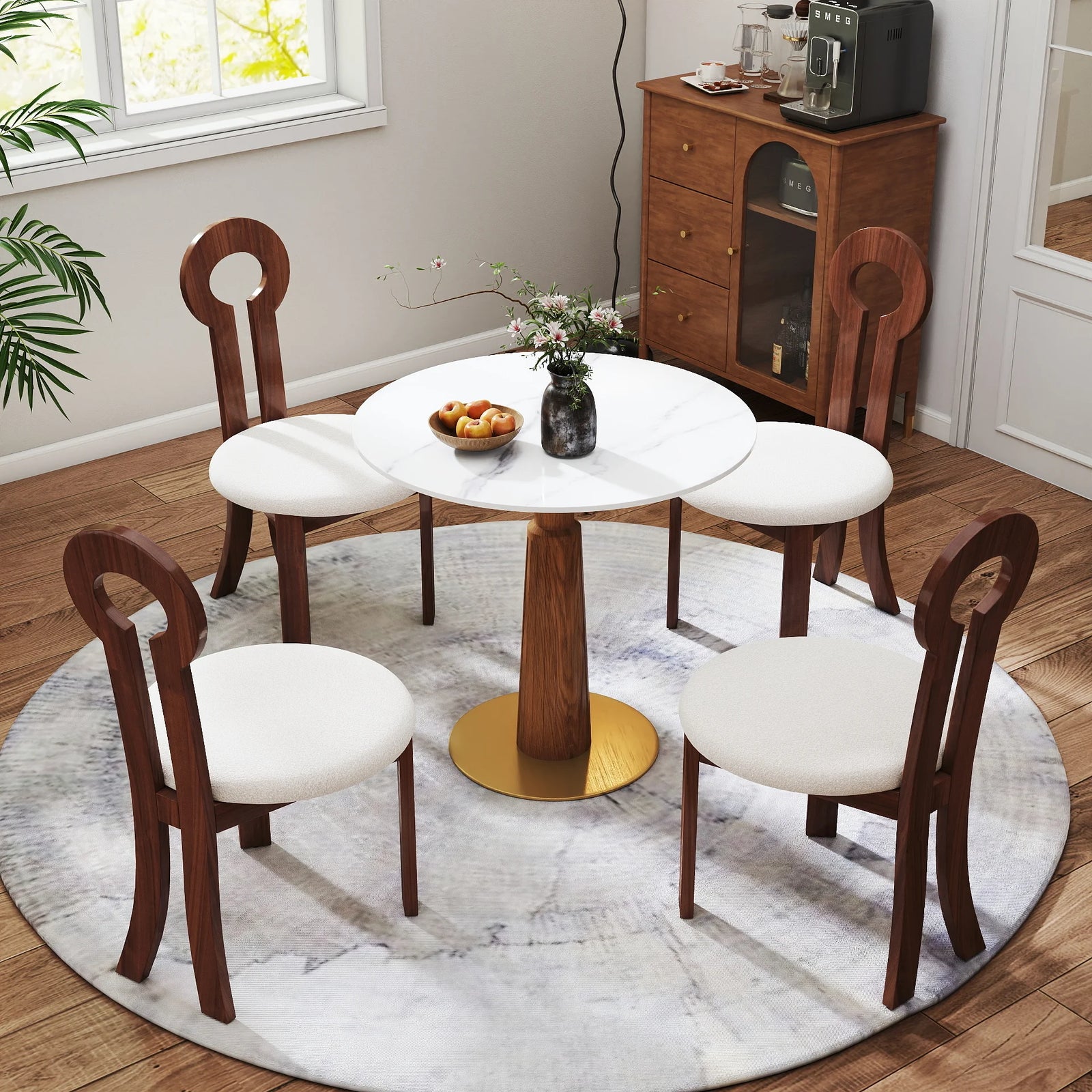 Mesa de bistró Nero de piedra sinterizada | Redonda blanca de 86 cm con base de madera