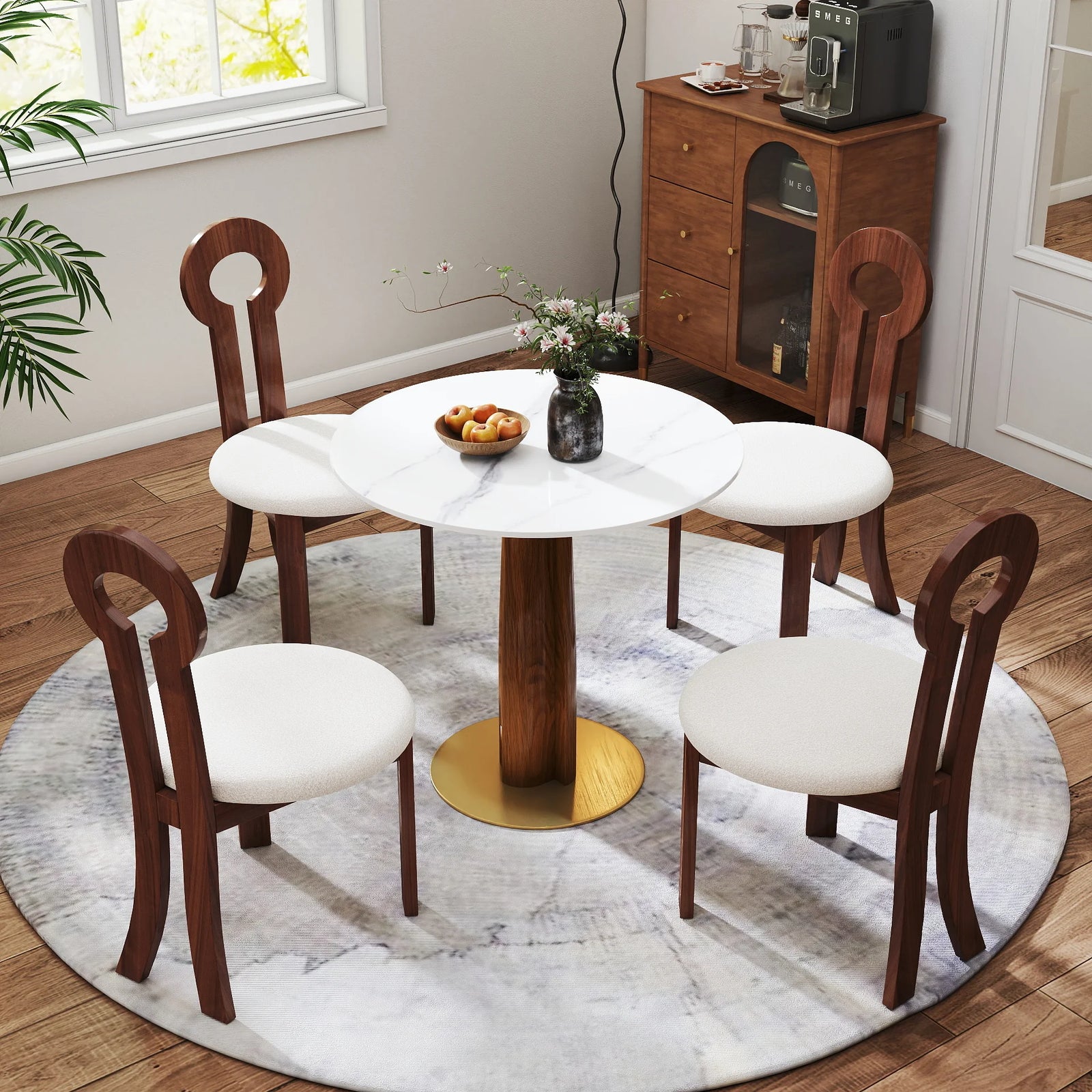 Mesa de bistró Nero de piedra sinterizada | Redonda blanca de 86 cm con base de madera
