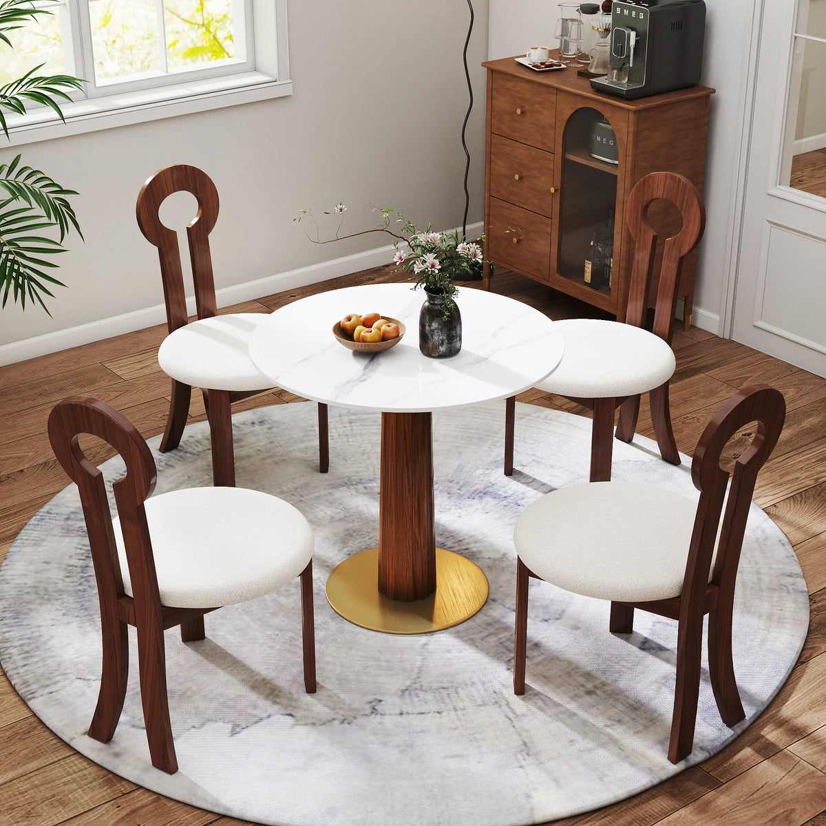 Mesa de bistró Nero de piedra sinterizada | Redonda blanca de 86 cm con base de madera