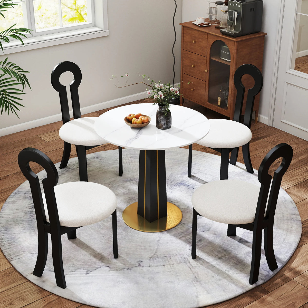 Mesa de bistró Nero de piedra sinterizada | Redonda blanca de 86 cm con base de madera