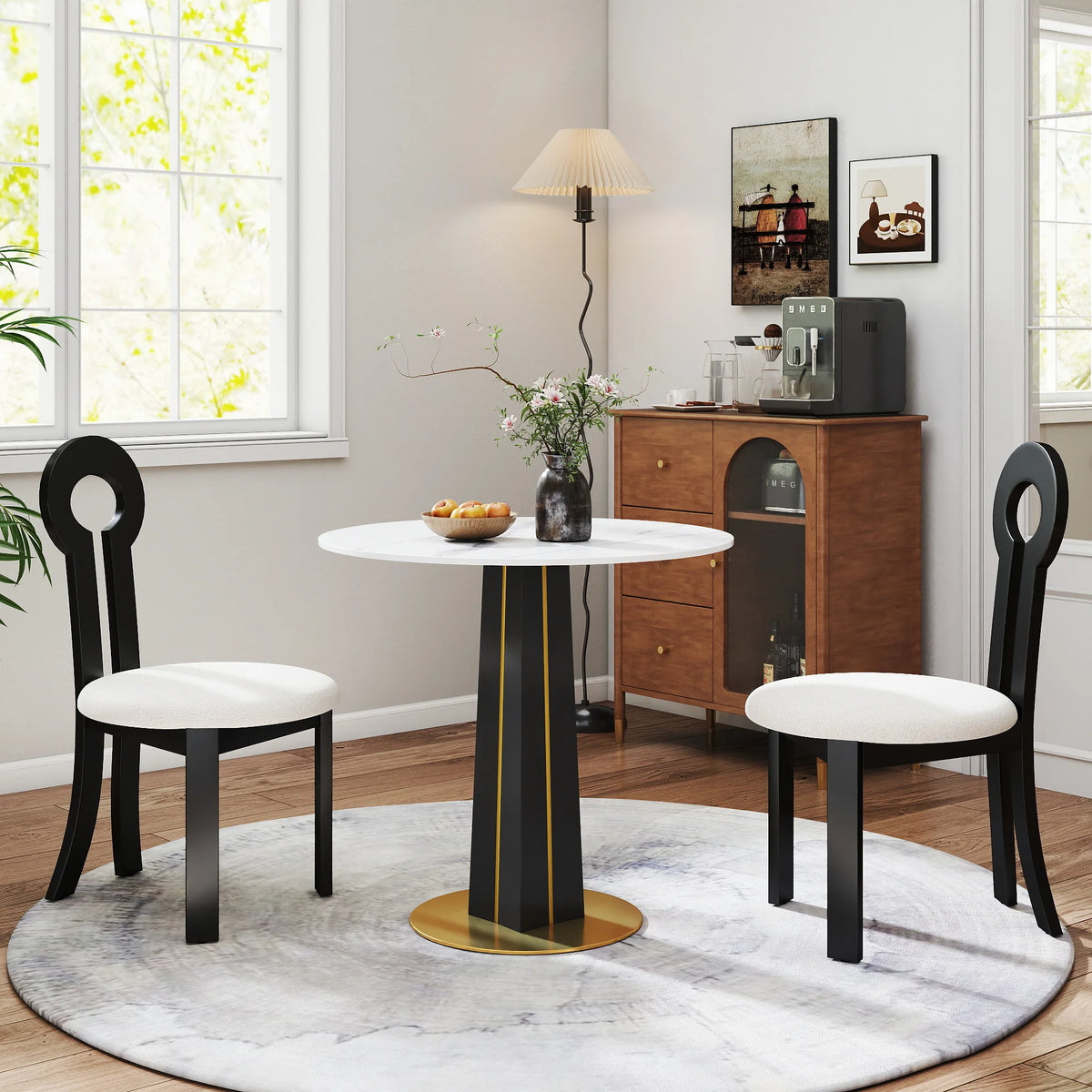 Mesa de bistró Nero de piedra sinterizada | Redonda blanca de 86 cm con base de madera