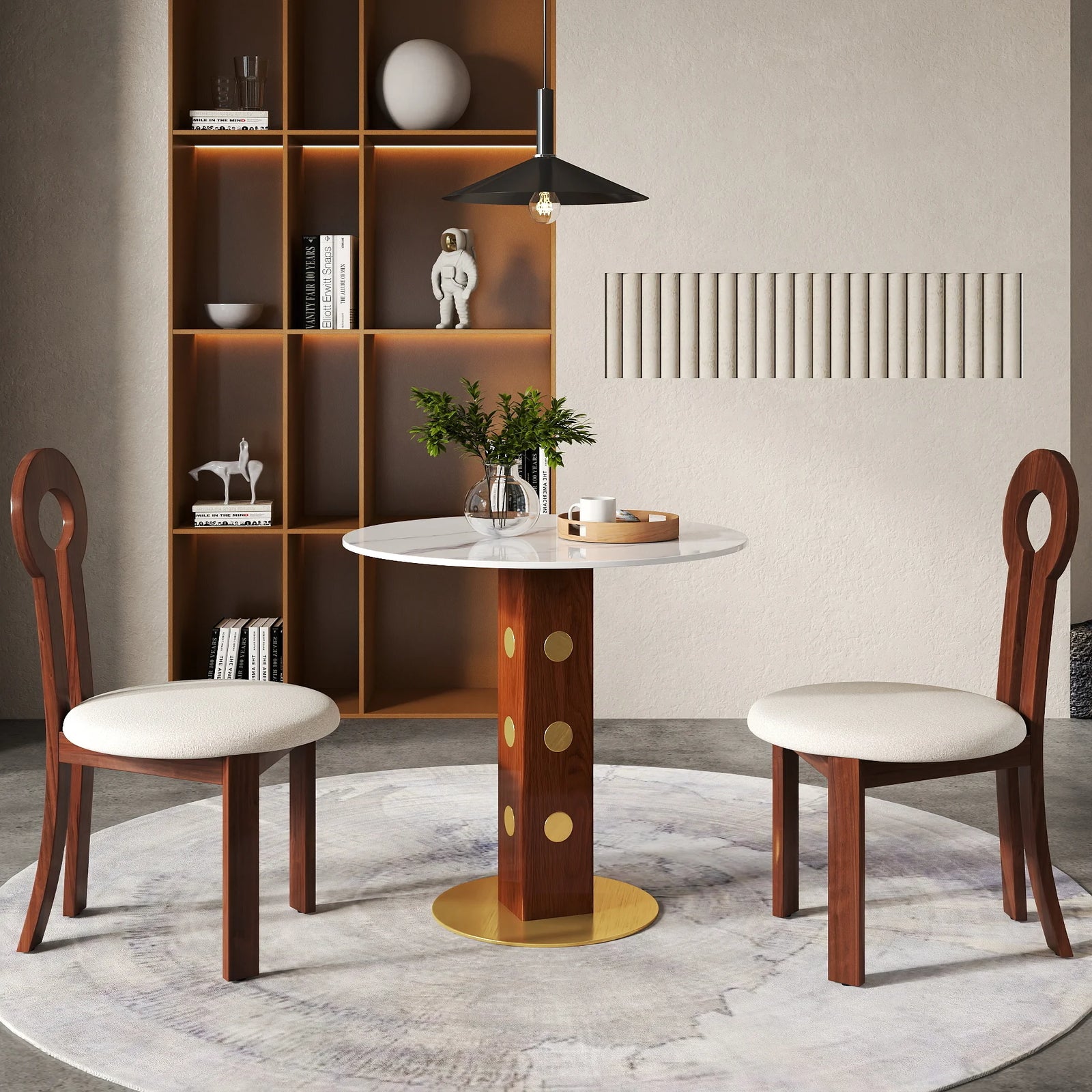 Mesa de bistró Nero de piedra sinterizada | Redonda blanca de 86 cm con base de madera
