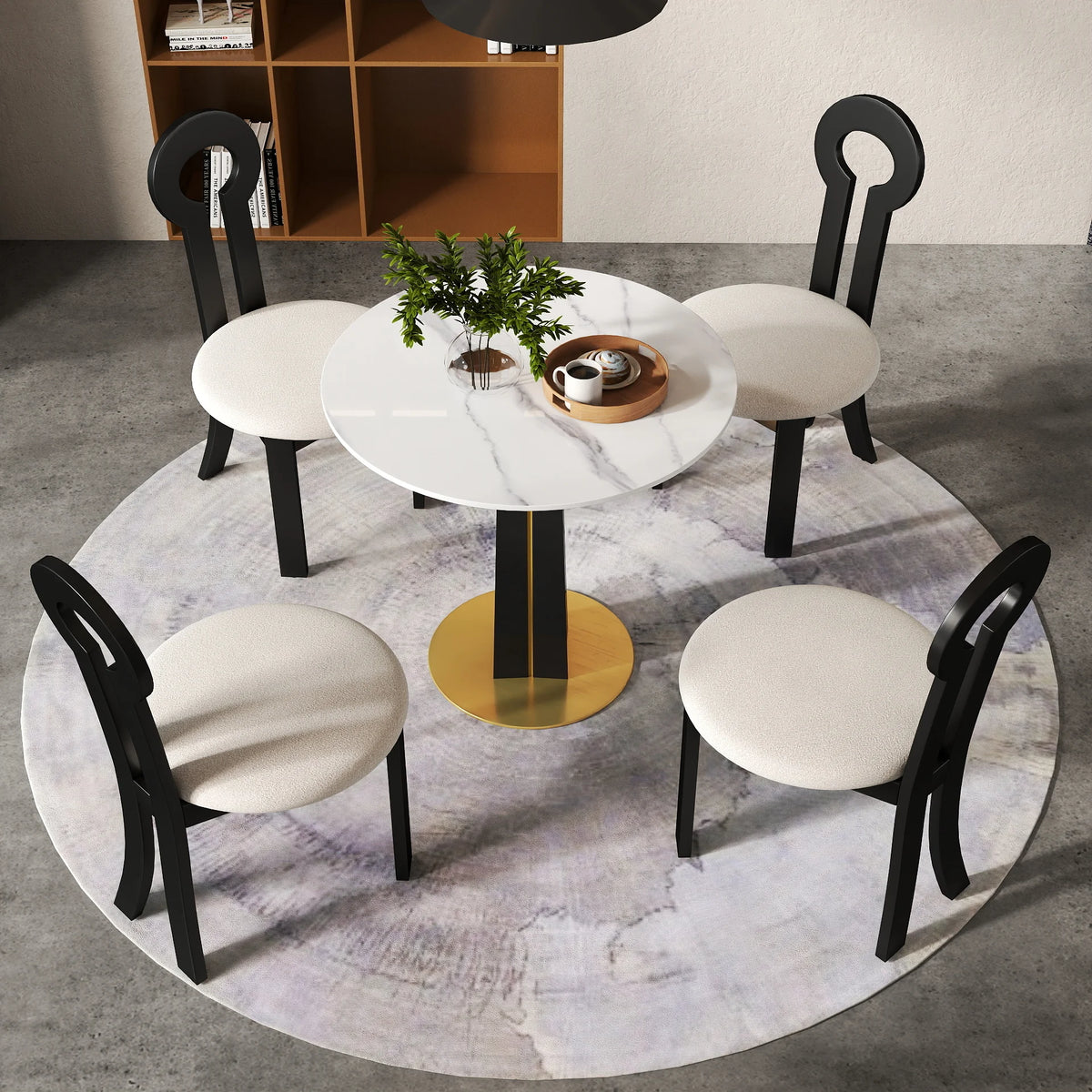 Mesa de bistró Nero de piedra sinterizada | Redonda blanca de 86 cm con base de madera