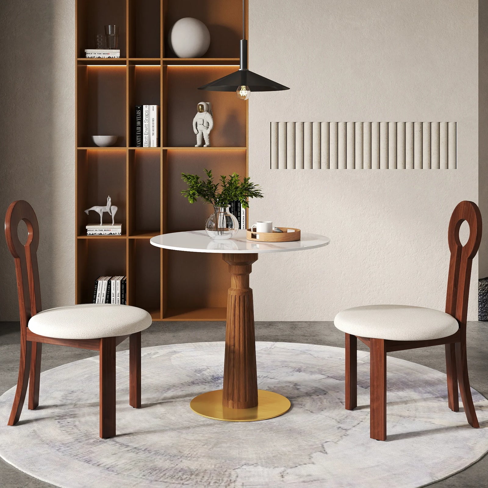 Mesa de bistró Nero de piedra sinterizada | Redonda blanca de 86 cm con base de madera