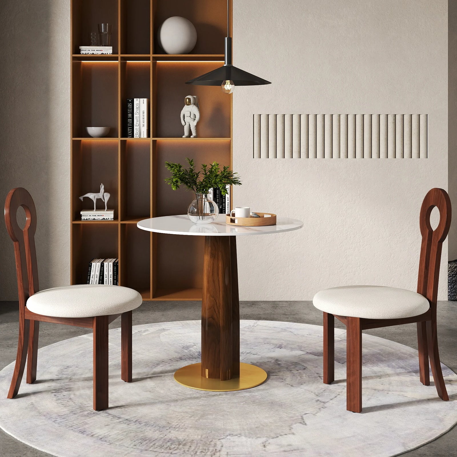 Mesa de bistró Nero de piedra sinterizada | Redonda blanca de 86 cm con base de madera