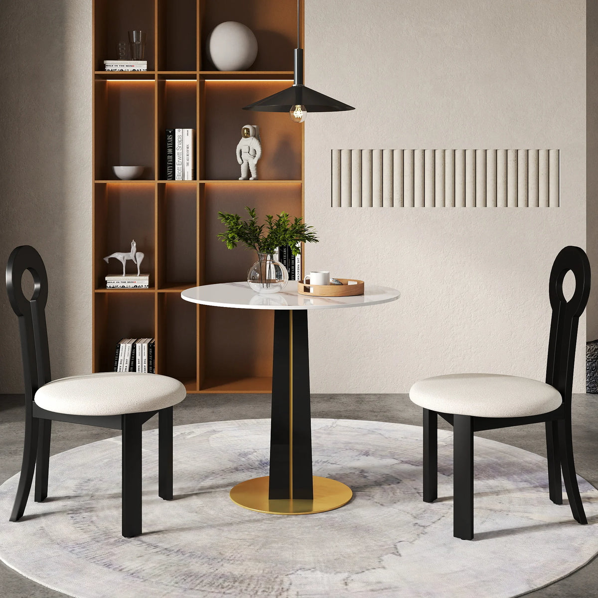 Mesa de bistró Nero de piedra sinterizada | Redonda blanca de 86 cm con base de madera