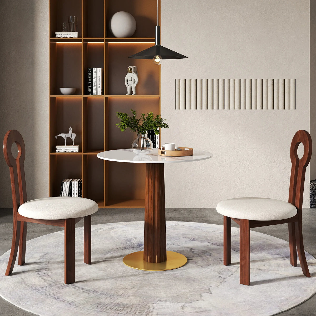 Mesa de bistró Nero de piedra sinterizada | Redonda blanca de 86 cm con base de madera