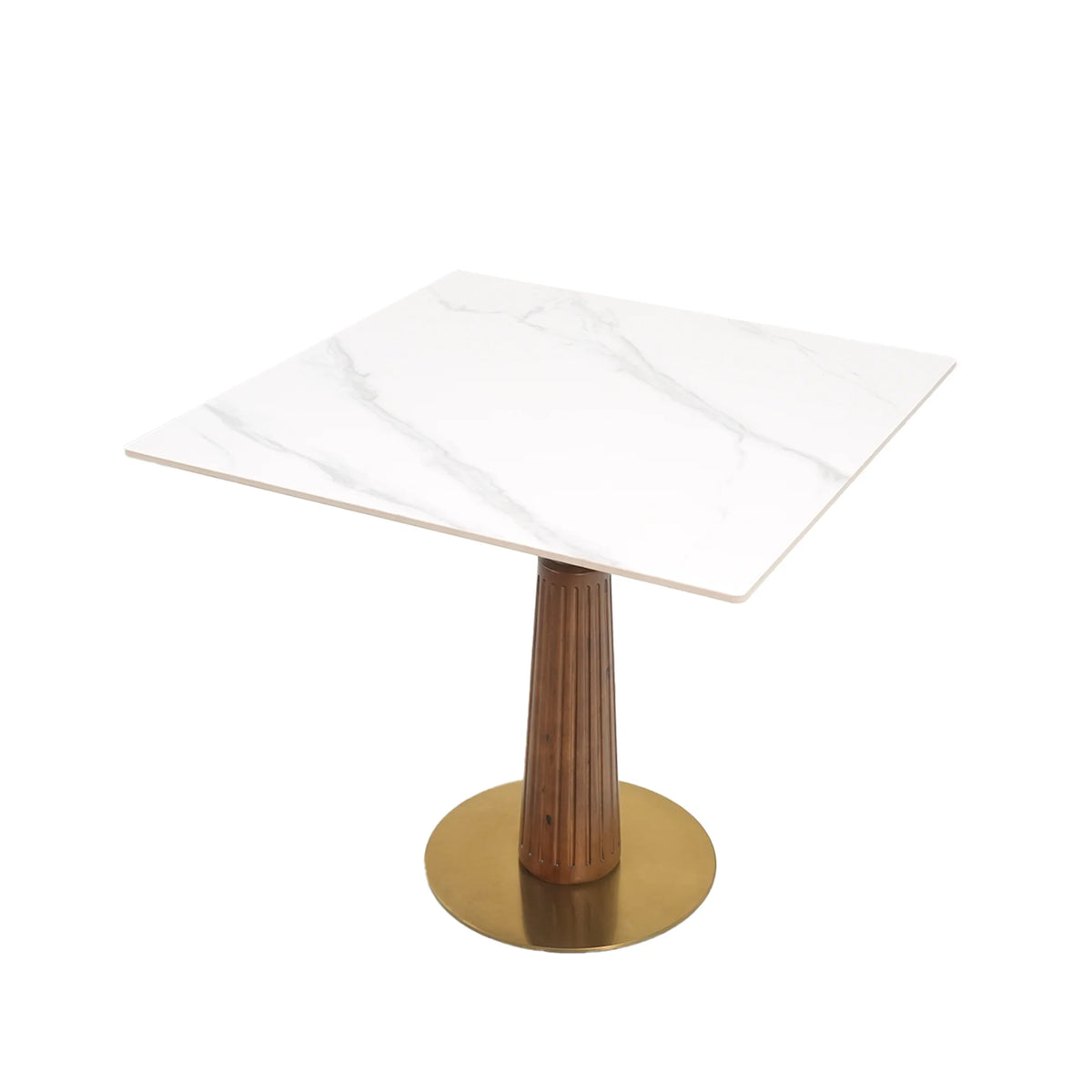 Mesa de bistró Nero de piedra sinterizada | Cuadrada blanca de 86 cm con base de madera