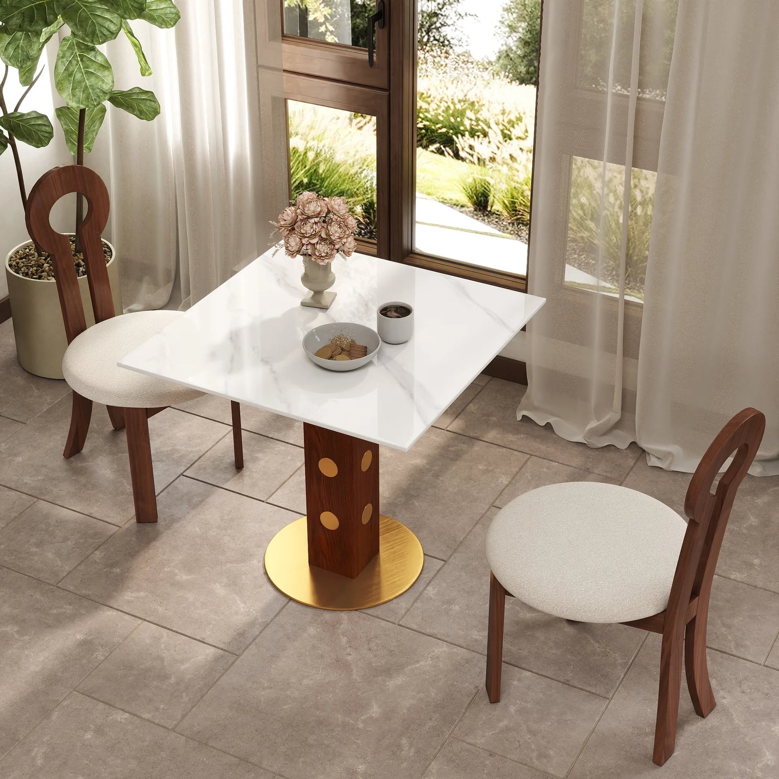 Mesa de bistró Nero de piedra sinterizada | Cuadrada blanca de 86 cm con base de madera