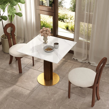 Mesa de bistró Nero de piedra sinterizada | Cuadrada blanca de 86 cm con base de madera